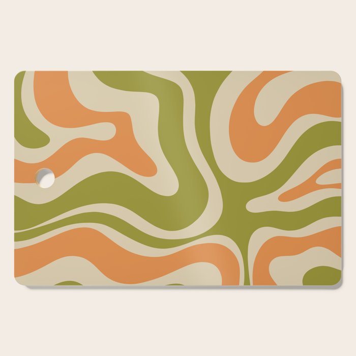 Retro Modern Liquid Swirl Abstract Pattern in Avocado Green, Orange, and Beige Cutting Board Gallery Image 1