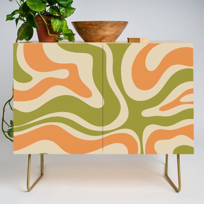 Retro Modern Liquid Swirl Abstract Pattern in Avocado Green, Orange, and Beige Credenza Gallery Image 1