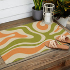 Retro Modern Liquid Swirl Abstract Pattern in Avocado Green, Orange, and Beige Outdoor Rug Gallery Image 2