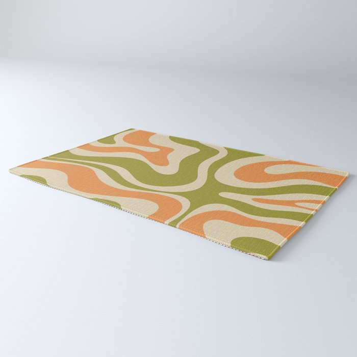 Retro Modern Liquid Swirl Abstract Pattern in Avocado Green, Orange, and Beige Rug Gallery Image 3