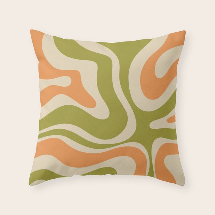 Retro Modern Liquid Swirl Abstract Pattern in Avocado Green, Orange, and Beige Throw Pillow Gallery Image 1