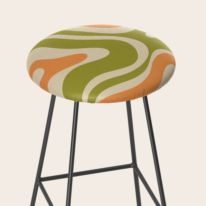 Retro Modern Liquid Swirl Abstract Pattern in Avocado Green, Orange, and Beige Stool Gallery Image 2