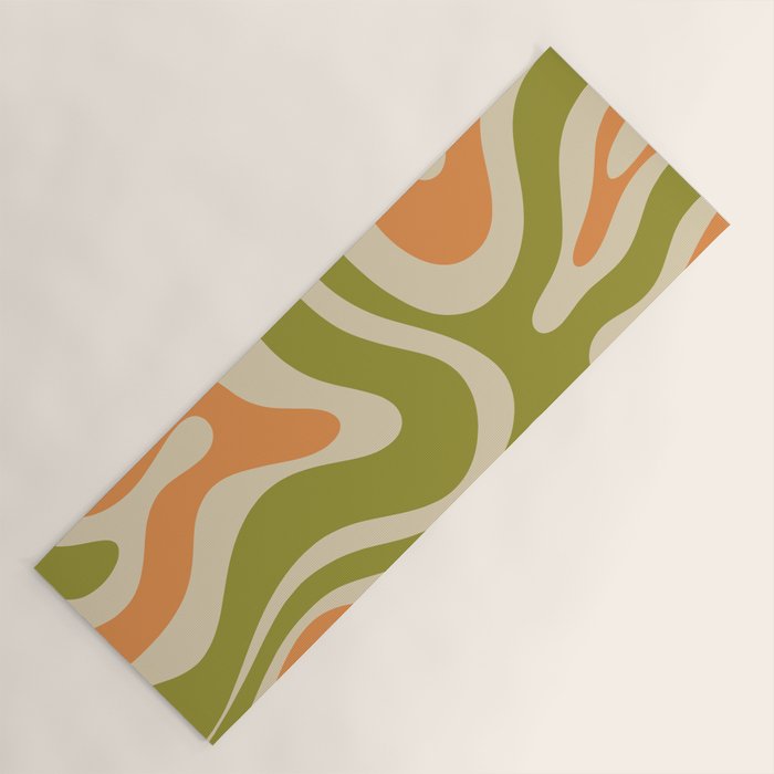 Retro Modern Liquid Swirl Abstract Pattern in Avocado Green, Orange, and Beige Yoga Mat Gallery Image 1