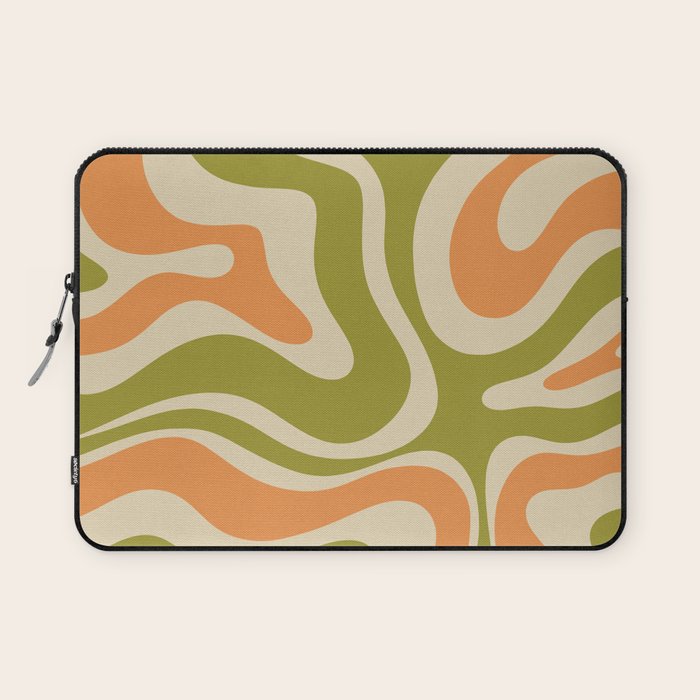 Retro Modern Liquid Swirl Abstract Pattern in Avocado Green, Orange, and Beige Laptop Sleeve Gallery Image 1