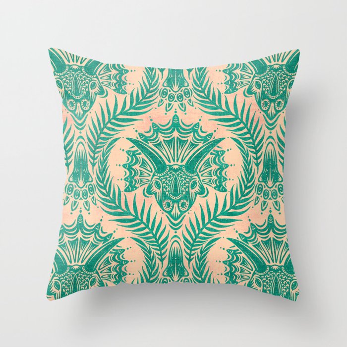Triceratops Damask - Verdigris on peach Throw Pillow Gallery Image 1