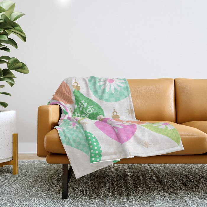 Happy Holidays Retro Ornaments - Pink & Green Throw Blanket Gallery Image 1