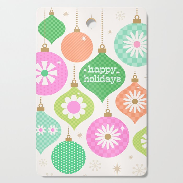 Happy Holidays Retro Ornaments - Pink & Green Cutting Board Gallery Image 1
