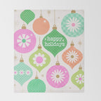 Happy Holidays Retro Ornaments - Pink & Green Throw Blanket Gallery Image 2