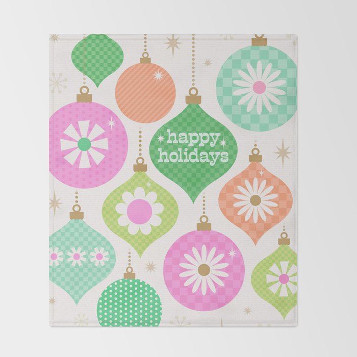 Happy Holidays Retro Ornaments - Pink & Green Throw Blanket Gallery Image 2