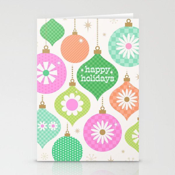 Happy Holidays Retro Ornaments - Pink & Green Stationery Card Gallery Image 2