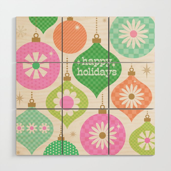 Happy Holidays Retro Ornaments - Pink & Green Wood Wall Art Gallery Image 1