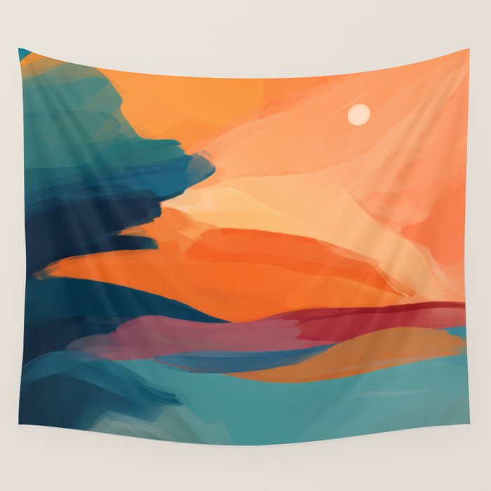 Sunset Over The Water - in Orange, Teal, and Blue Wall Tapestry Gallery Image 1