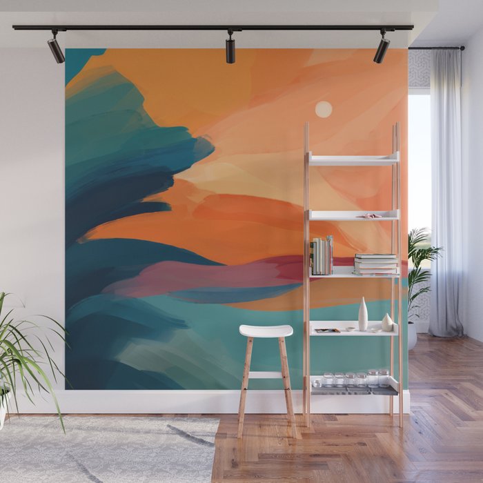 Sunset Over The Water - in Orange, Teal, and Blue Wall Mural Gallery Image 1