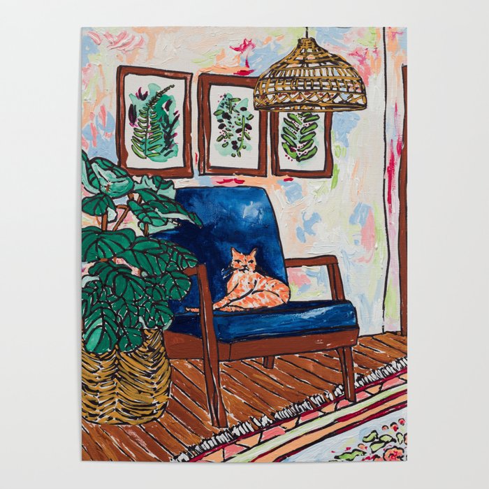 Ginger Cat on Blue Mid Century Chair Painting Poster Gallery Image 4