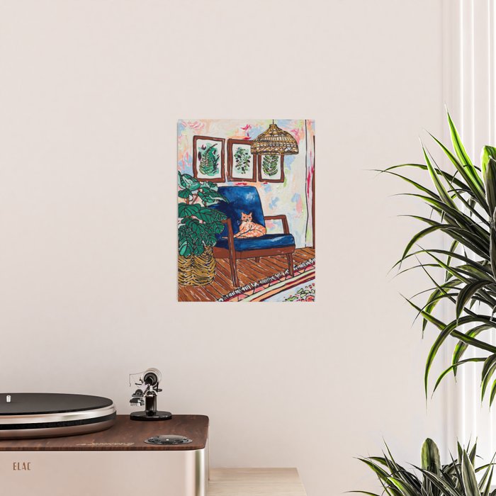 Ginger Cat on Blue Mid Century Chair Painting Poster Gallery Image 2