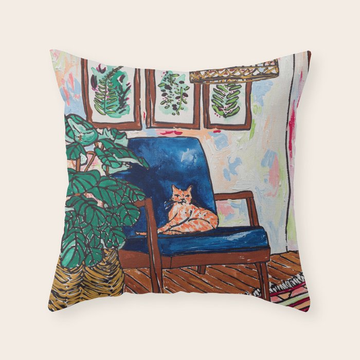 Ginger Cat on Blue Mid Century Chair Painting Throw Pillow Gallery Image 1