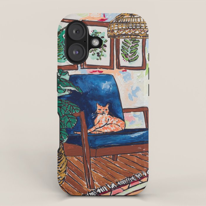 Ginger Cat on Blue Mid Century Chair Painting iPhone Case Gallery Image 1
