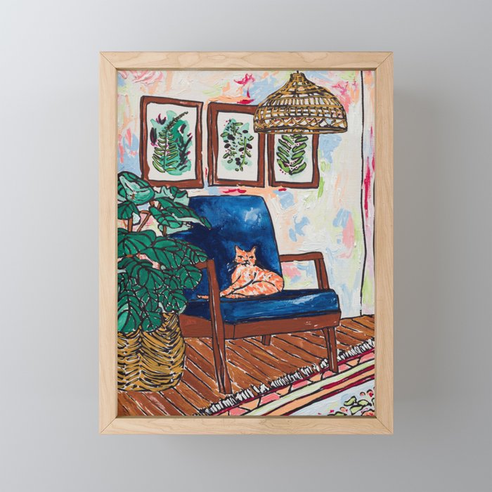 Ginger Cat on Blue Mid Century Chair Painting Mini Art Print Gallery Image 1