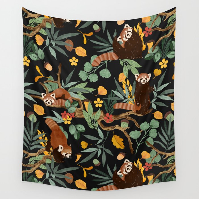 RED PANDAS IN DARK WILD NATURE Wall Tapestry Gallery Image 1