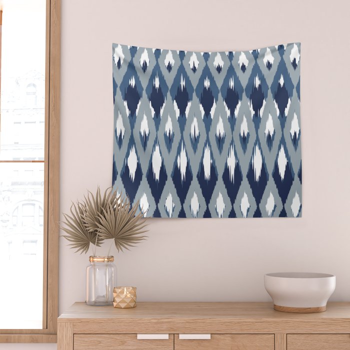 Festive, Boho Art, Geometric, Ikat Pattern, Blue Wall Tapestry Gallery Image 2