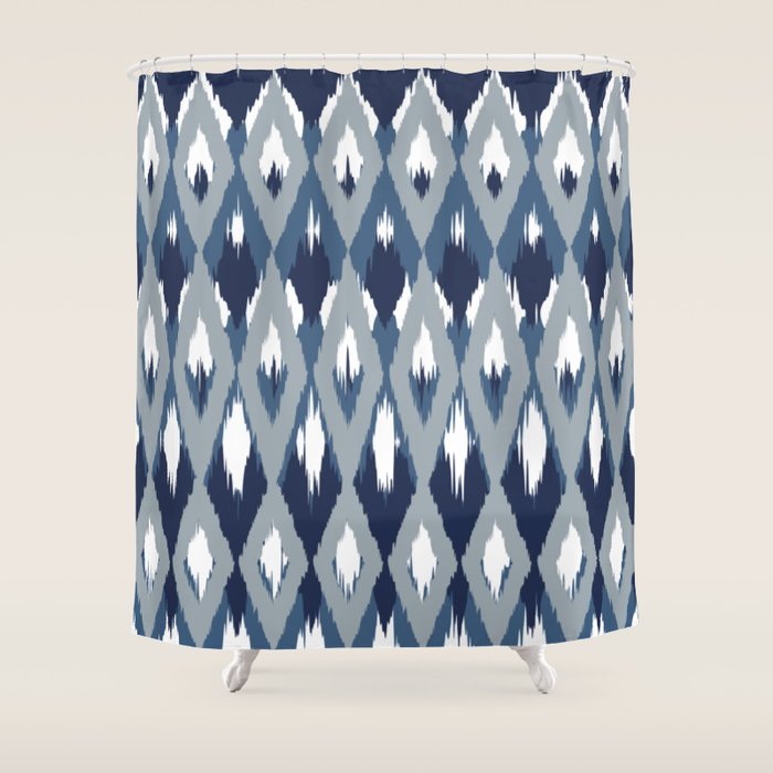 Festive, Boho Art, Geometric, Ikat Pattern, Blue Shower Curtain Gallery Image 1