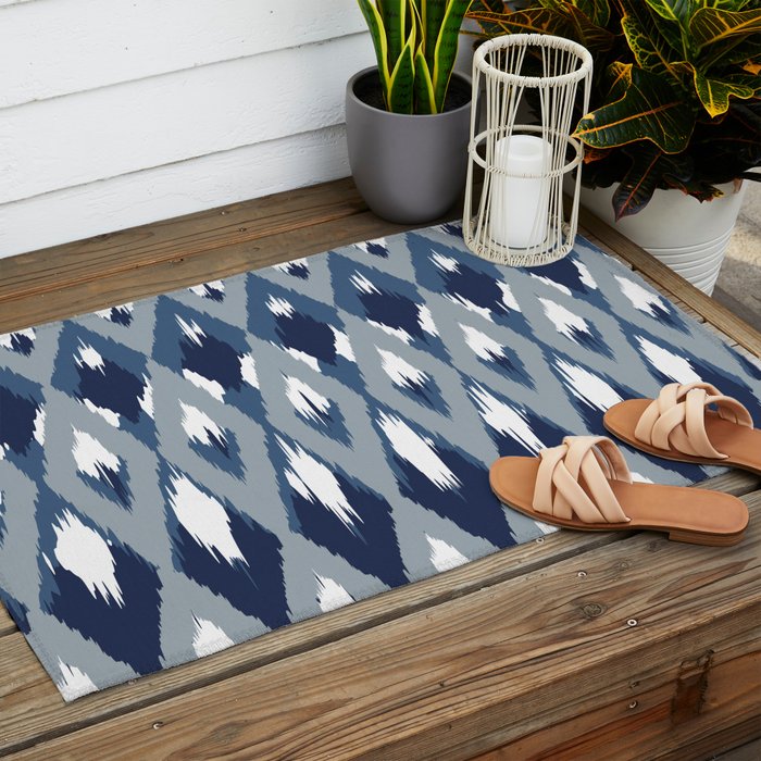 Festive, Boho Art, Geometric, Ikat Pattern, Blue Outdoor Rug Gallery Image 2