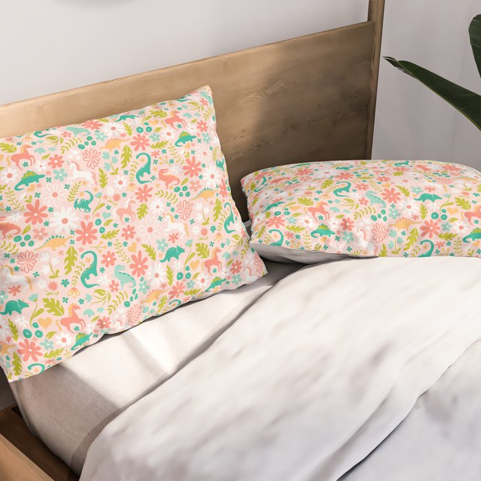 Dinosaurs + Unicorns in Pink + Teal Pillow Sham Gallery Image 2
