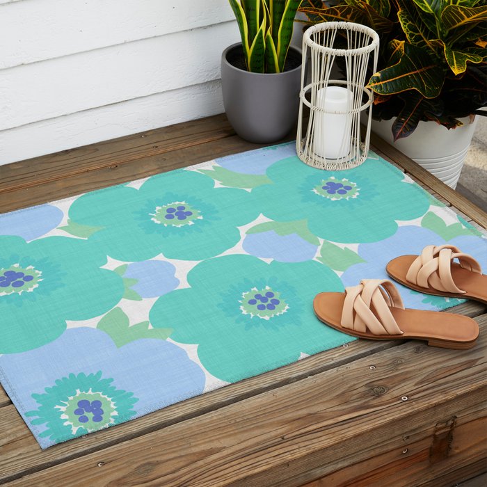Bright Summer Floral Mid-Century Style Flower Pattern Outdoor Rug Gallery Image 2