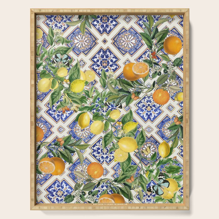 Sicilian Citrus, Mediterranean tiles, vintage lemons and orange fruit pattern Serving Tray Gallery Image 1