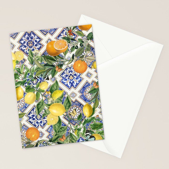 Sicilian Citrus, Mediterranean tiles, vintage lemons and orange fruit pattern Stationery Card Gallery Image 2