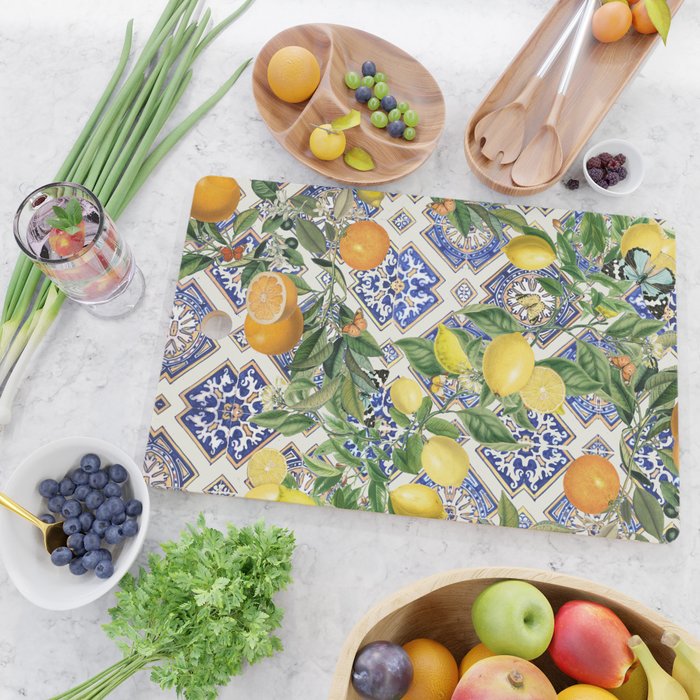 Sicilian Citrus, Mediterranean tiles, vintage lemons and orange fruit pattern Cutting Board Gallery Image 2