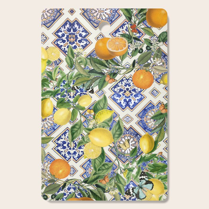 Sicilian Citrus, Mediterranean tiles, vintage lemons and orange fruit pattern Cutting Board Gallery Image 1