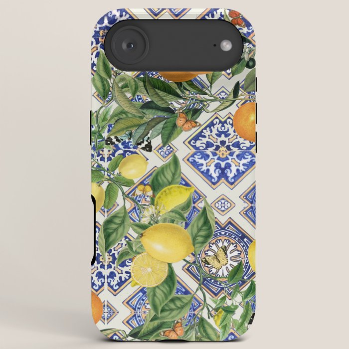 Sicilian Citrus, Mediterranean tiles, vintage lemons and orange fruit pattern iPhone Case