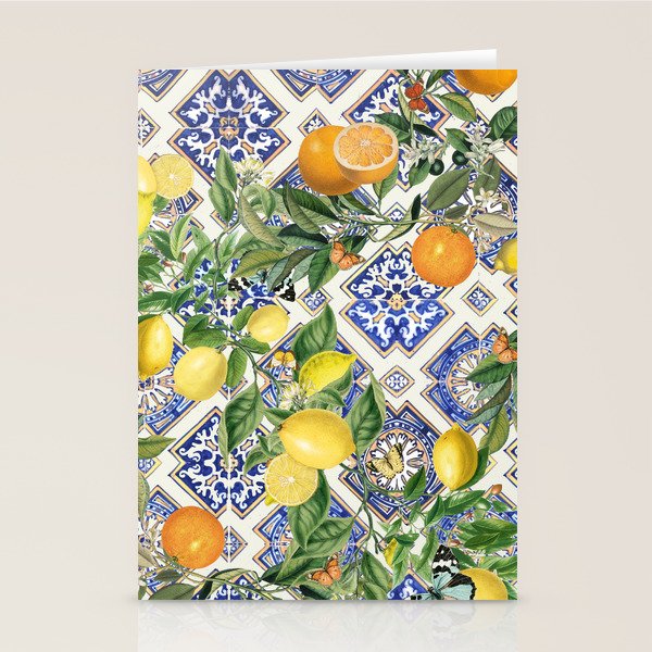 Sicilian Citrus, Mediterranean tiles, vintage lemons and orange fruit pattern Stationery Card Gallery Image 1