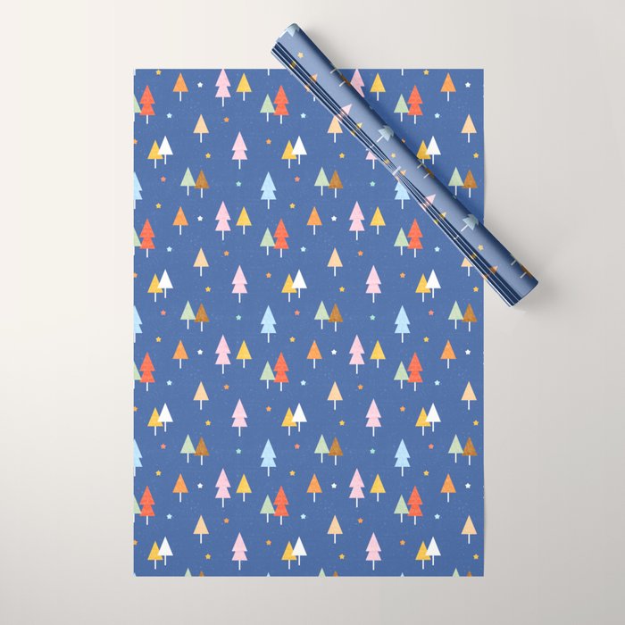 Colorful Scandinavian Christmas Trees on Blue Wrapping Paper Gallery Image 1