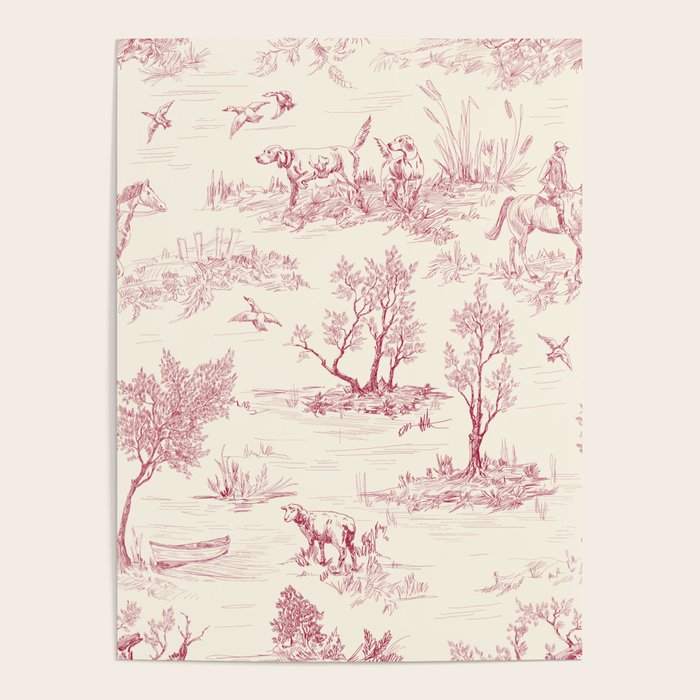 Toile de Jouy Vintage French Red Cream Pastoral Antique Art Print Poster Gallery Image 4