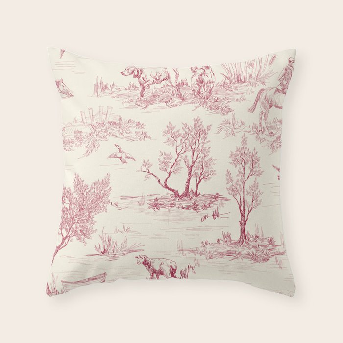 Toile de Jouy Vintage French Red Cream Pastoral Antique Art Print Throw Pillow Gallery Image 6