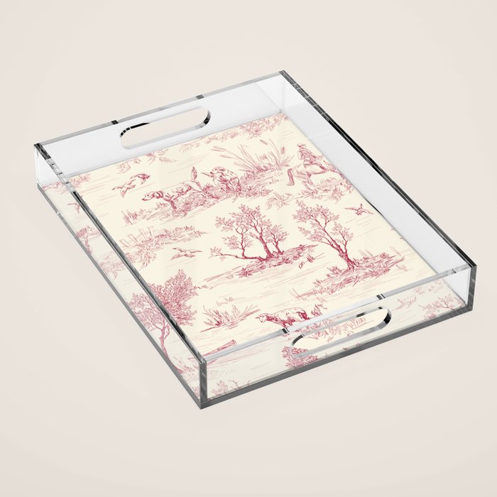 Toile de Jouy Vintage French Red Cream Pastoral Antique Art Print Acrylic Tray Gallery Image 1