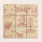 Toile de Jouy Vintage French Red Cream Pastoral Antique Art Print Wood Wall Art Gallery Image 1