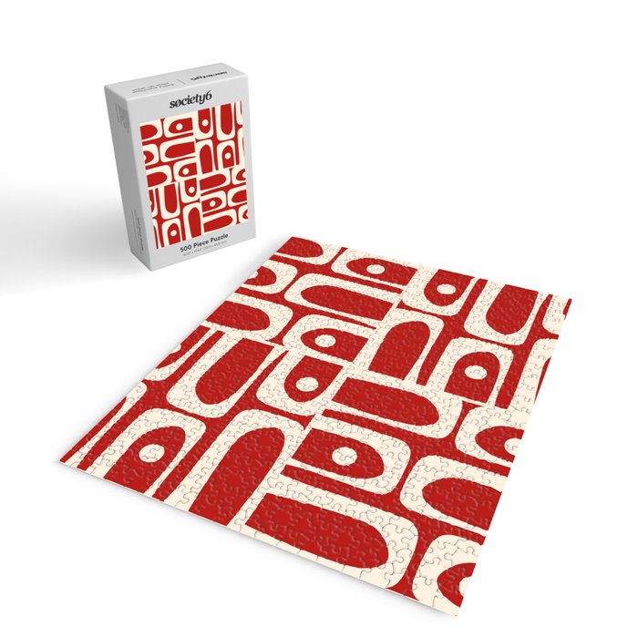 Mid Century Modern Piquet Abstract Multi Pattern in Red and Cream Jigsaw Puzzle Gallery Image 2