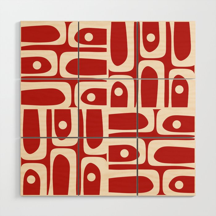 Mid Century Modern Piquet Abstract Multi Pattern in Red and Cream Wood Wall Art Gallery Image 1