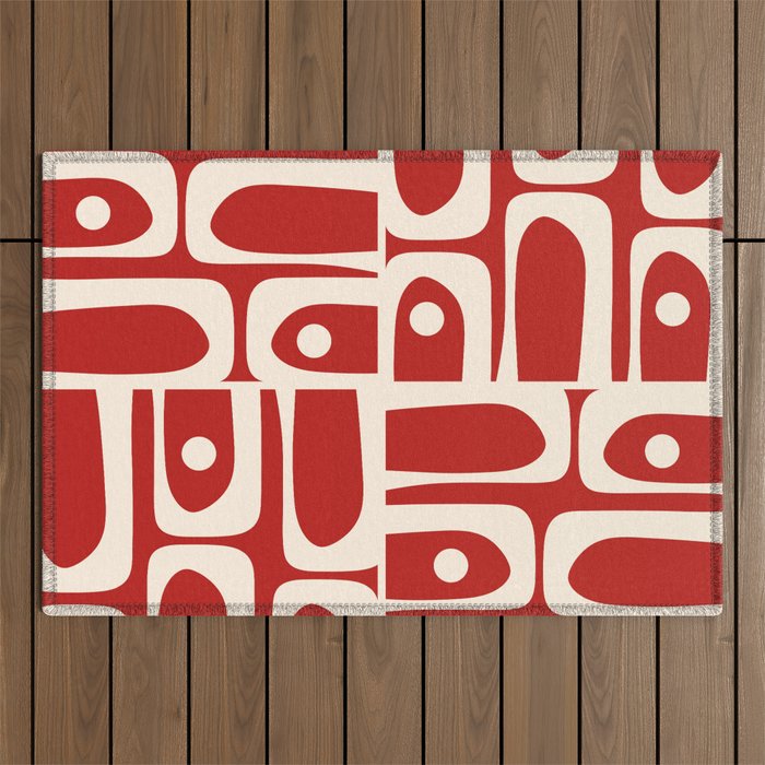 Mid Century Modern Piquet Abstract Multi Pattern in Red and Cream Outdoor Rug Gallery Image 1