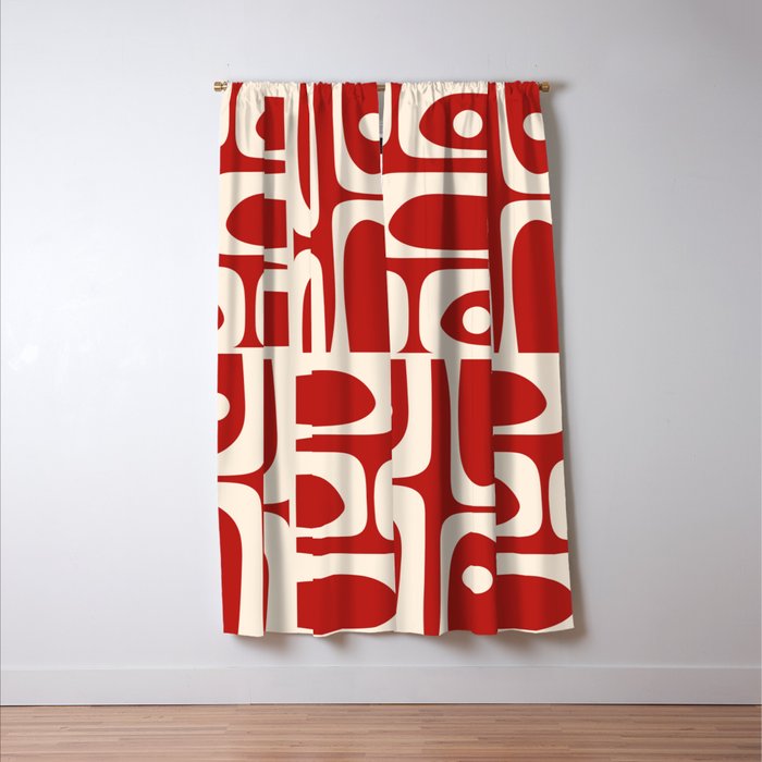 Mid Century Modern Piquet Abstract Multi Pattern in Red and Cream Window Curtain Gallery Image 3