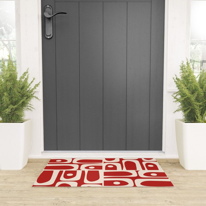 Mid Century Modern Piquet Abstract Multi Pattern in Red and Cream Welcome Mat Gallery Image 3