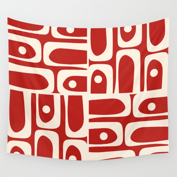 Mid Century Modern Piquet Abstract Multi Pattern in Red and Cream Wall Tapestry Gallery Image 1