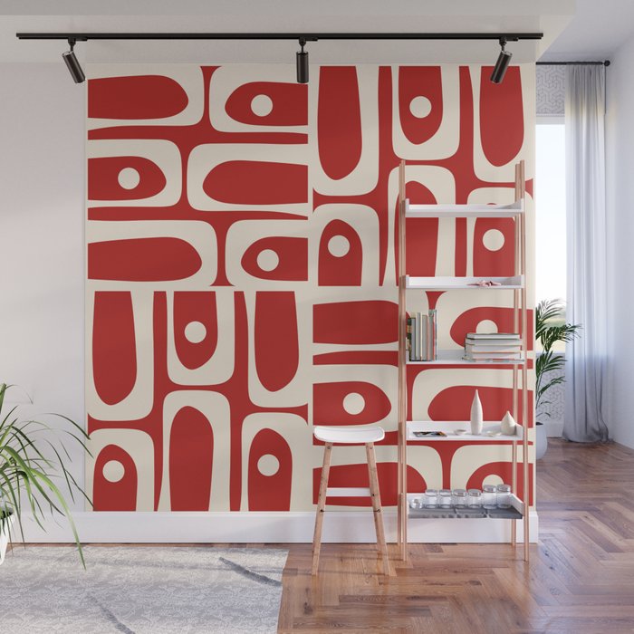 Mid Century Modern Piquet Abstract Multi Pattern in Red and Cream Wall Mural Gallery Image 1