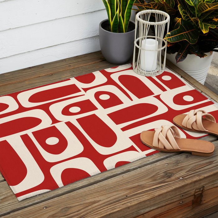 Mid Century Modern Piquet Abstract Multi Pattern in Red and Cream Outdoor Rug Gallery Image 2