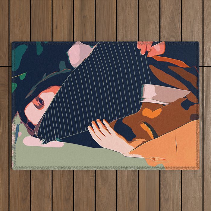Don't Be Shy, Bohemian Woman Fashion Illustration, Eclectic Tropical Banana Leaves Feminism Outdoor Rug Gallery Image 1