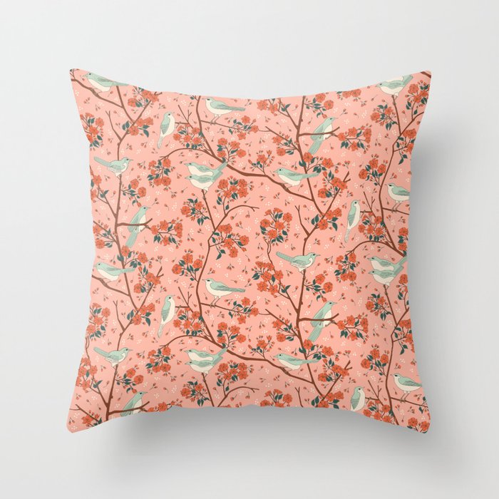 Birds In Cherry Blossom Trees Throw Pillow Gallery Image 1