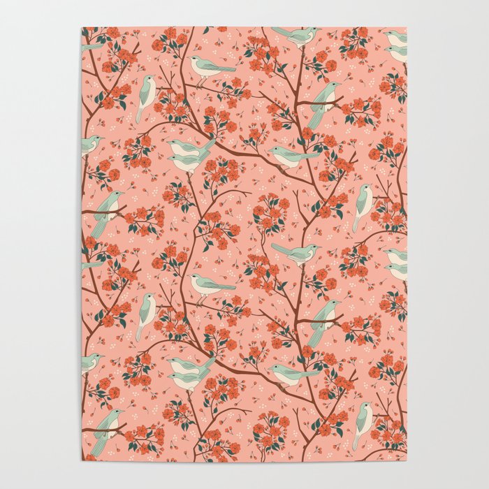 Birds In Cherry Blossom Trees Poster Gallery Image 1